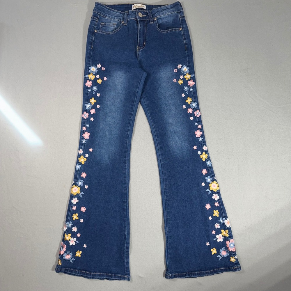 Bamboo Embroidered Flare Jeans Womens 5 Blue Boho Cotton Denim